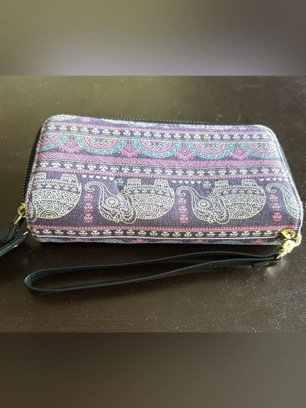Elephant Print Wristlet Wallet in Purple and Pink Canvas